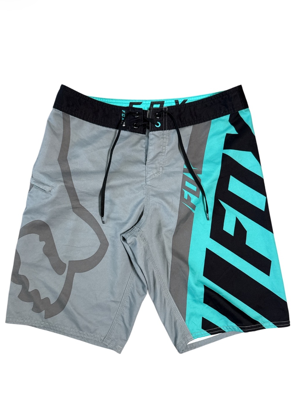 Fox Racing Gray Teal Black Board Shorts Swim Trunks Size 30 Fox Head Logo